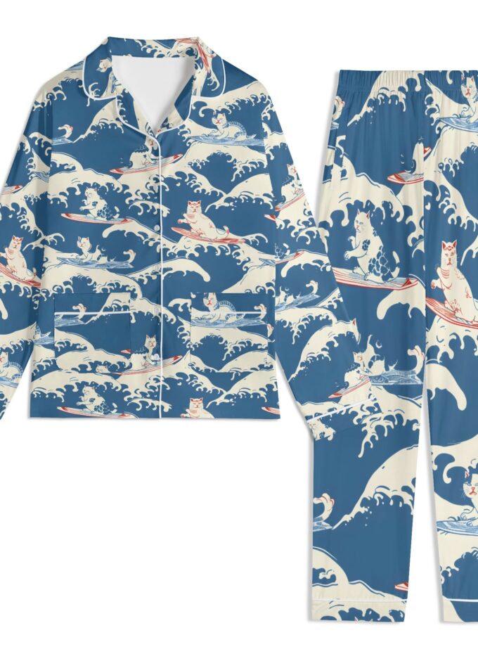 Surfing Cats - Unisex Long Sleeve Adult Nightwear Pajama Set