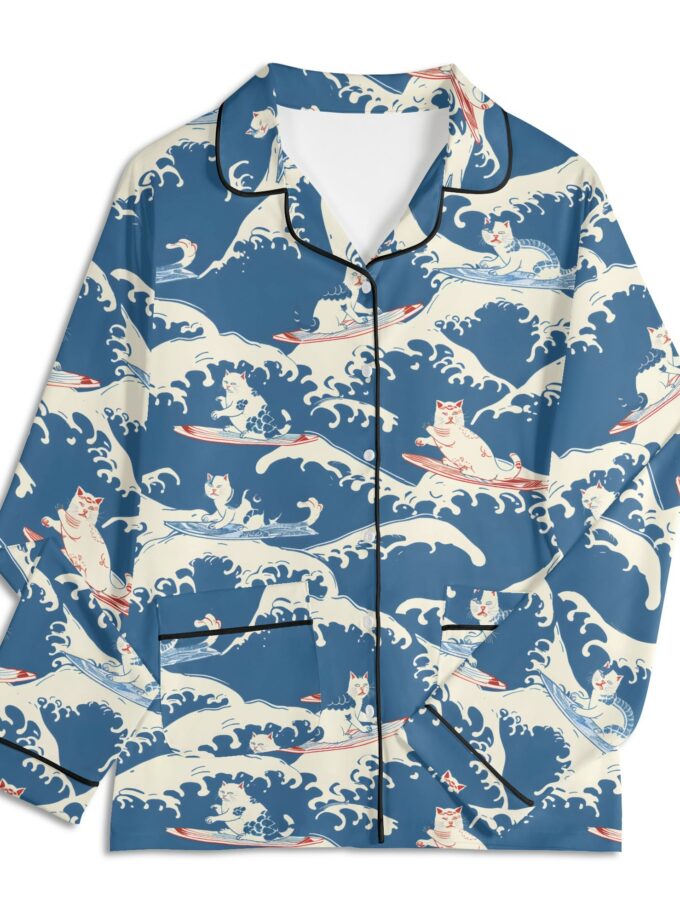 Surfing Cats - Unisex Long Sleeve Adult Nightwear Pajama Set