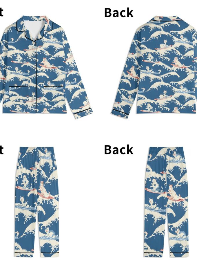 Surfing Cats - Unisex Long Sleeve Adult Nightwear Pajama Set