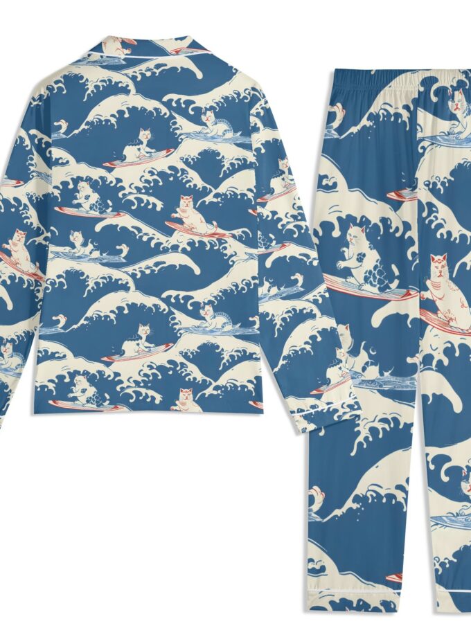 Surfing Cats - Unisex Long Sleeve Adult Nightwear Pajama Set