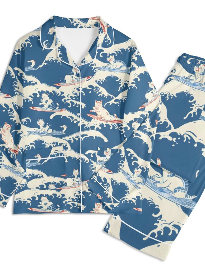 Surfing Cats - Unisex Long Sleeve Adult Nightwear Pajama Set