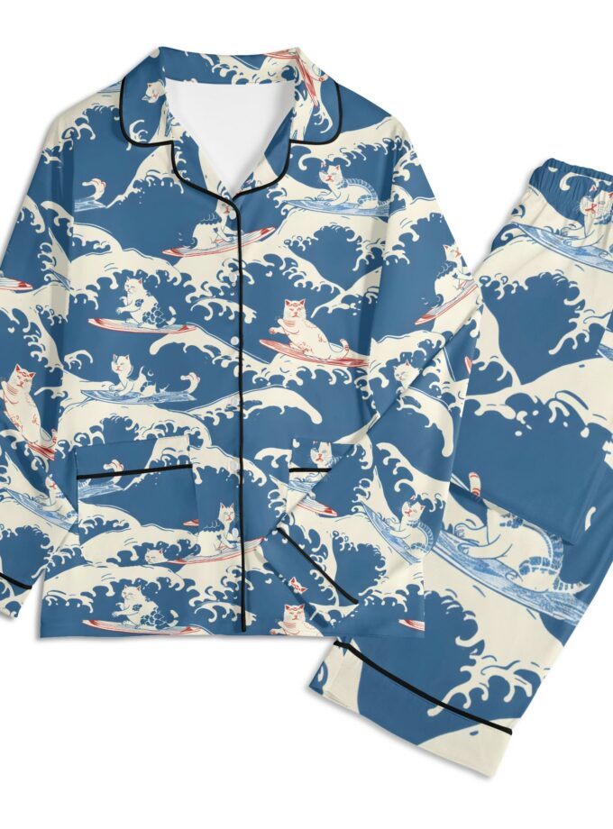Surfing Cats - Unisex Long Sleeve Adult Nightwear Pajama Set