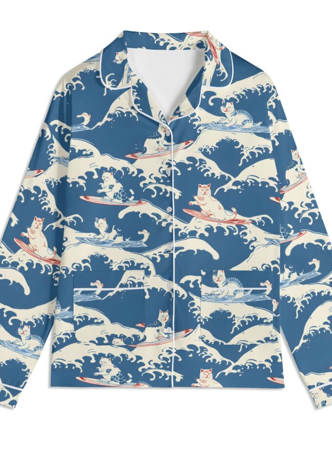 Surfing Cats - Unisex Long Sleeve Adult Nightwear Pajama Set