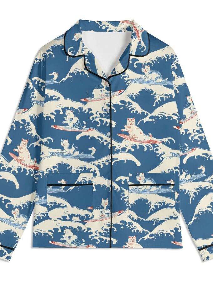 Surfing Cats - Unisex Long Sleeve Adult Nightwear Pajama Set