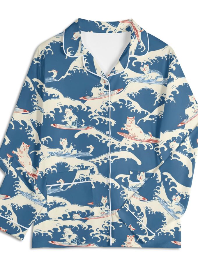 Surfing Cats - Unisex Long Sleeve Adult Nightwear Pajama Set