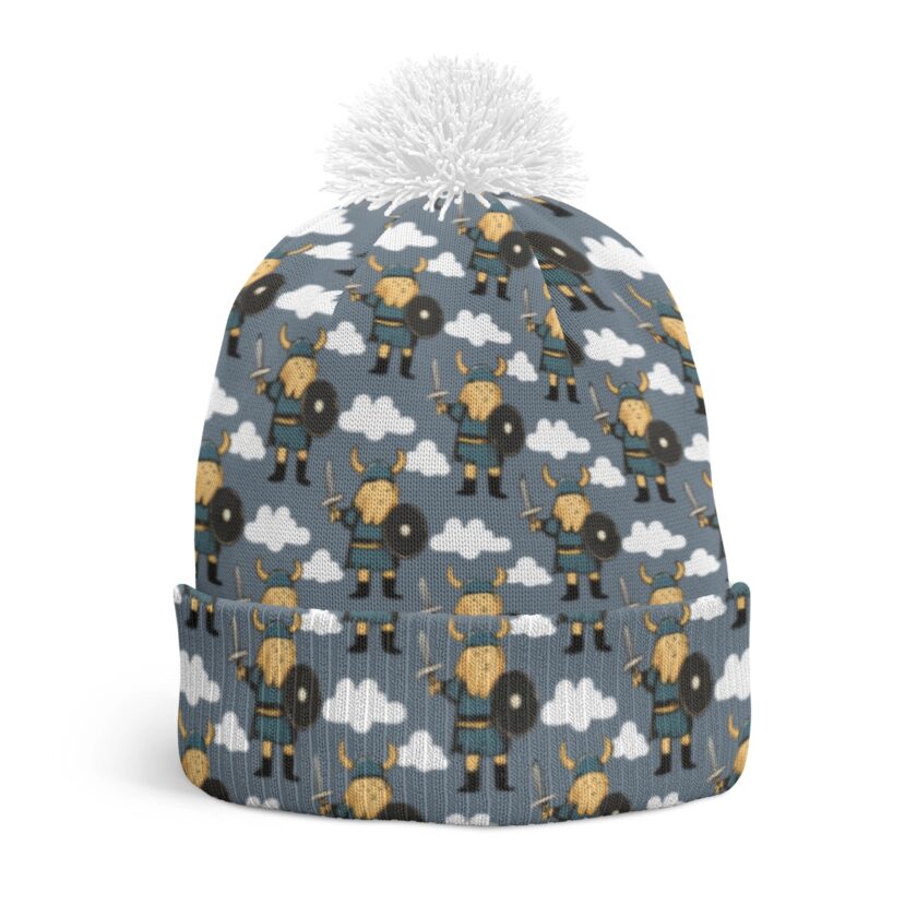 All-Over Print Knitted Hat With Pom-Pom