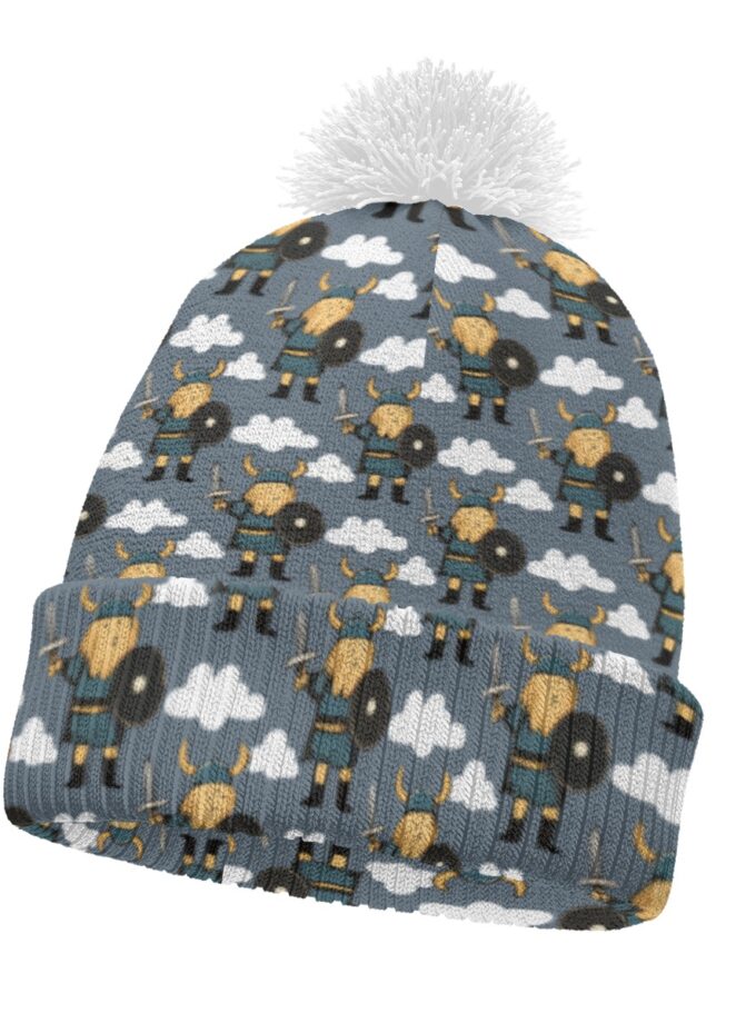 All-Over Print Knitted Hat With Pom-Pom