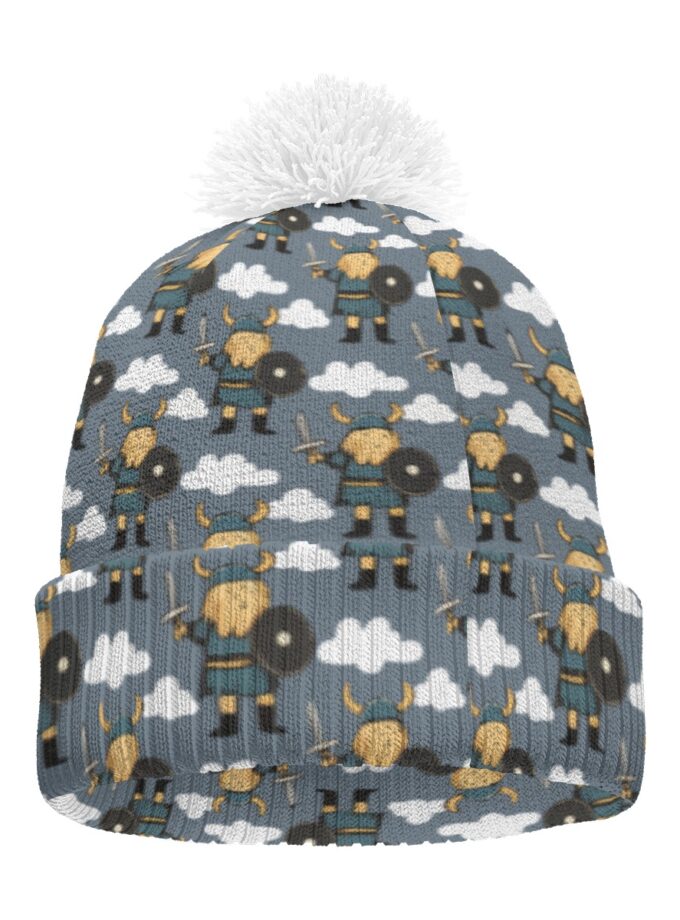 All-Over Print Knitted Hat With Pom-Pom
